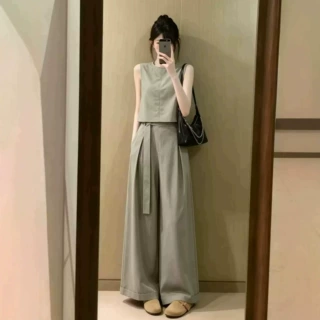 2026新款夏季巨好看韩系穿搭一整套ootd无袖上衣阔脚裤两件套装女