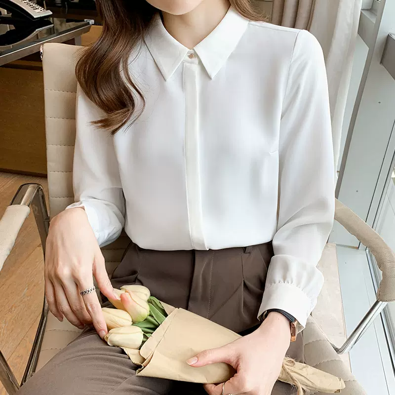 实拍白衬衣女2025春季新款雪纺衫职业衫百搭长袖上衣内搭雪纺衬衫