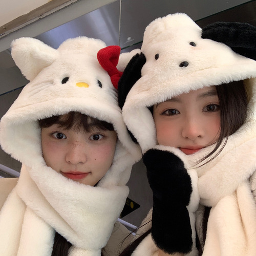 Spot is released in seconds! Cute cat plush hat for keeping ears warm in autumn and winter and matching hat and scarf wholesale in one piece