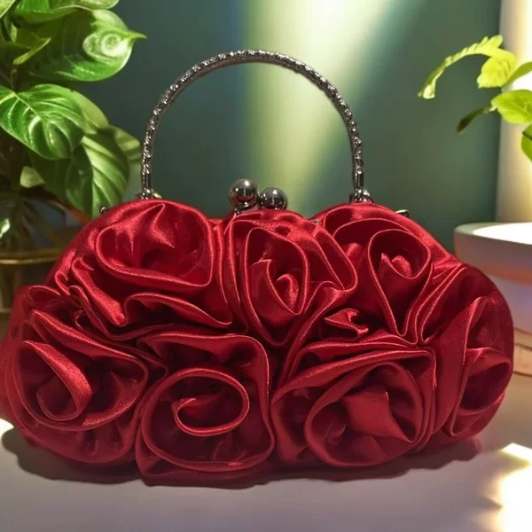 Satin Flower Clutch Bag Cross-Border Hot-Selling Silks and Satins Bag 14 Roses Handheld Evening Bag