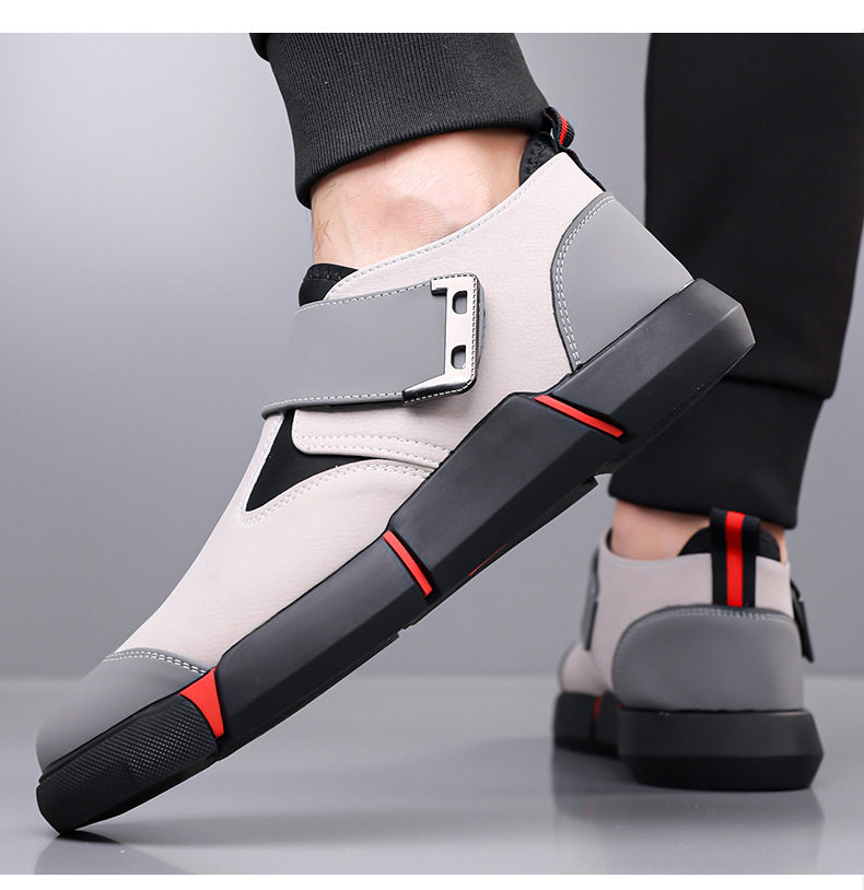 Giày lười nam da PU mũi tròn khóa Velcro chống trượt, đế cao 3 cm — Kaki, Màu đen chi tiết 18