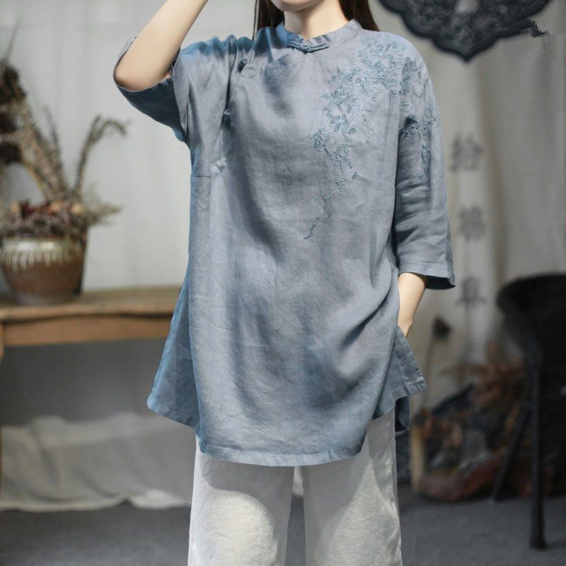 ミドル丈の綿麻スタンドカラートップ刺繍入り婦人服夏の綿麻茶服中国風ボタン改良された新しい中国風Tシャツ|undefined