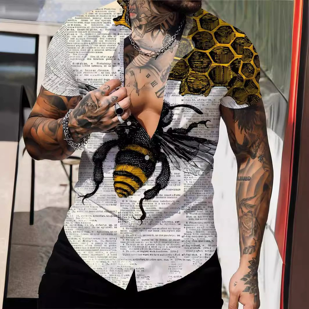 2024 Летняя 3D цифровая рубашка с принтом Мужская пчела 3D печать модная рубашка с коротким рукавом с v-образным вырезом
