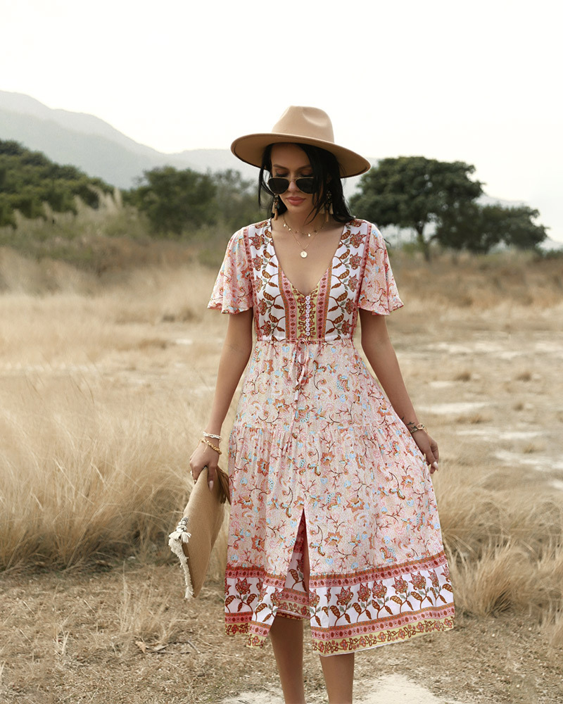 V-neck temperament waist holiday style dress NSKA39131