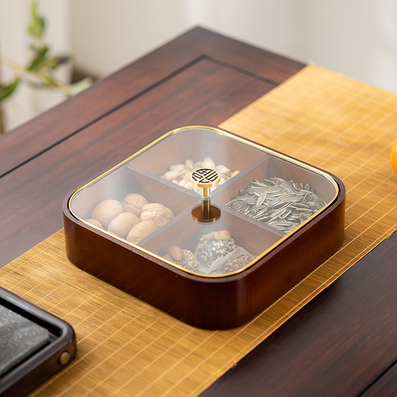 Cuatro placas de fruta seca de madera sólida retro con cubierta de vidrio de borde dorado mesa de té doméstica nueces dulces caja de frutas dividida
