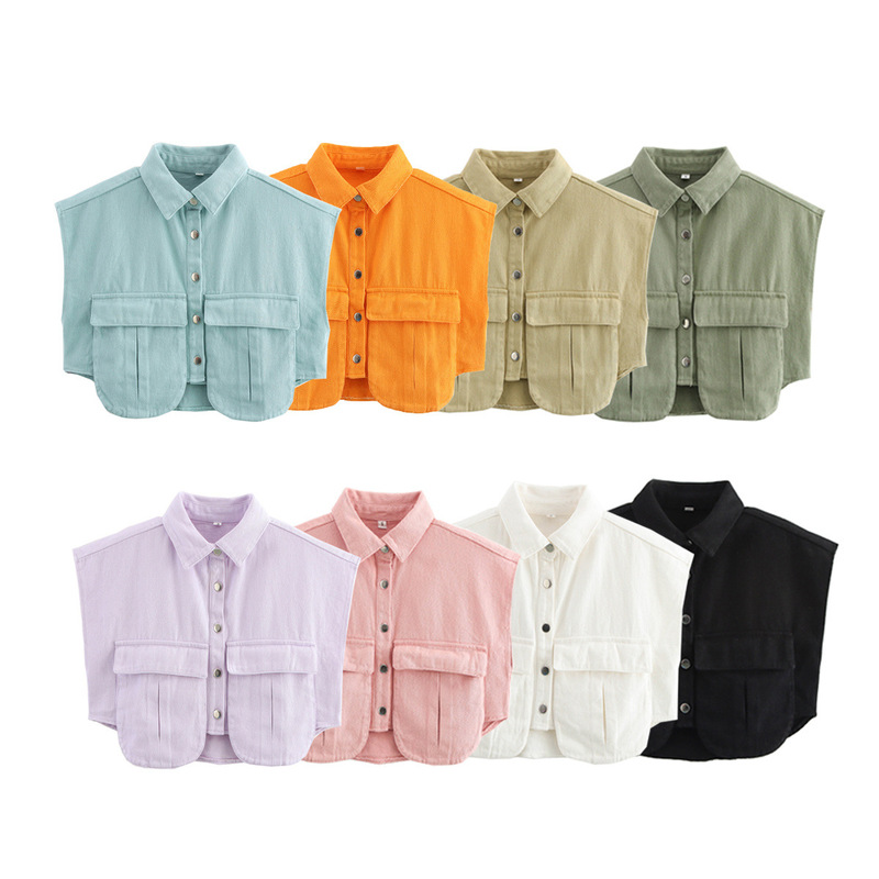 Amazon Women's Solid Color Large Pocket Sleeveless High-end Cardigan Polo Collar Shirt Imitation Denim Jacket Women