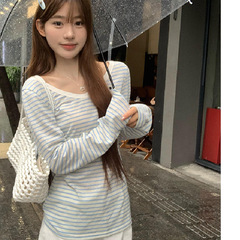 雪麻蓝色V领条纹防晒长袖t恤女秋季韩系松弛慵懒感宽松罩衫上衣