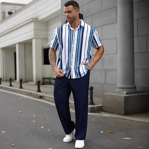 2025 Temu Amazon Cross-border Fashion Casual Men's Plus Size Striped Short-sleeve Shirt + Pants Set