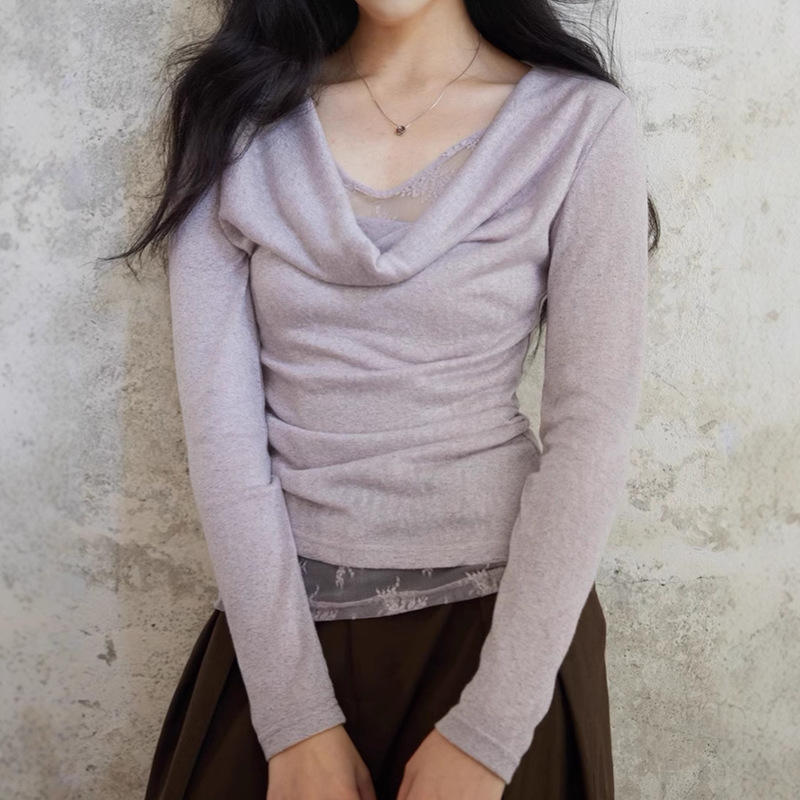 Tyang Two Sheep [Yu Qin] Fake Two-Piece Swing Collar Lace Patchwork Slim Fit Long Sleeve Purple Sweater