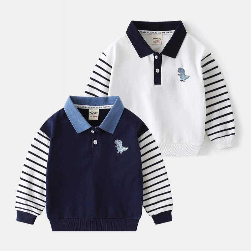 Оптовая продажа детской одежды весна-осень 2026: Новая модная толстовка для мальчиков с вышивкой динозавра, лоскутными рукавами и отложным воротником