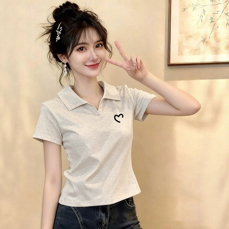 Simple Polo Collar Pure Cotton Short-Sleeve T-Shirt for Women, Summer Turn-Down Collar, High-End Feel, Slimming, Fashionable, Stylish Top for Petite Figures