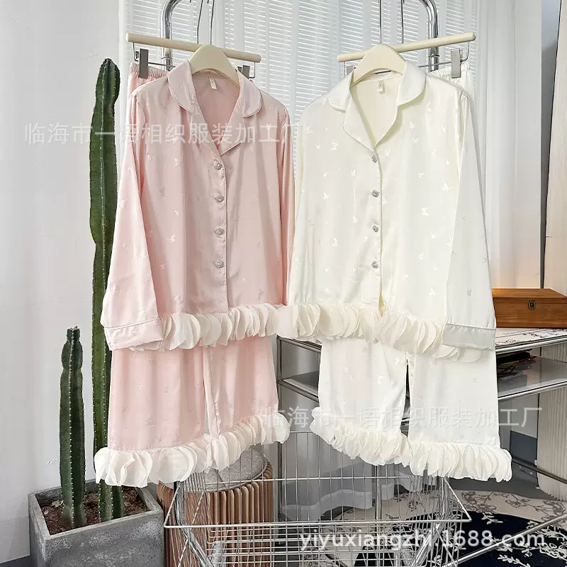 2025春秋季甜美气质冰雪丝睡衣女新款蝴蝶印花长袖套装外穿家居服