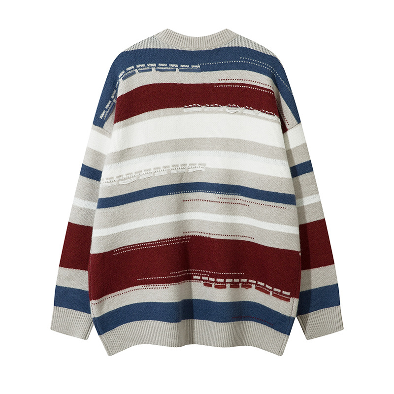 Herrenbekleidung Nationale Mode farbenfrohe Farbabstimmung Streifendesign Sinn lockerer Rundhalspullover Herrenmode brandneuer Pullover im faulen Stil_voghion.com