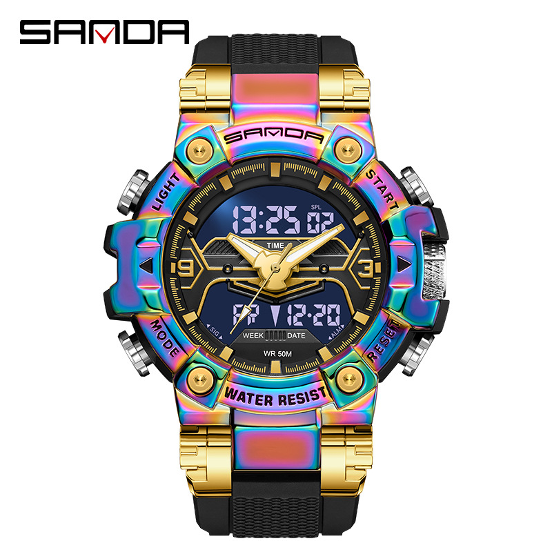SANDA 3186 electrónico multi-funcional Moda colorido estudiante reloj de los hombres luminoso reloj despertador impermeable reloj