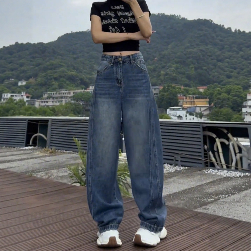 复古阔腿牛仔裤女秋季新款大码胖mm高腰显瘦宽松遮肉弯刀直筒裤子|undefined