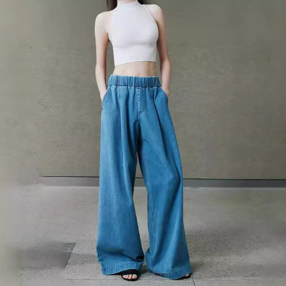 开/B入神牛欧*进*轻薄软糯抽绳松紧宽腰头时髦懒人阔腿牛仔裤夏季