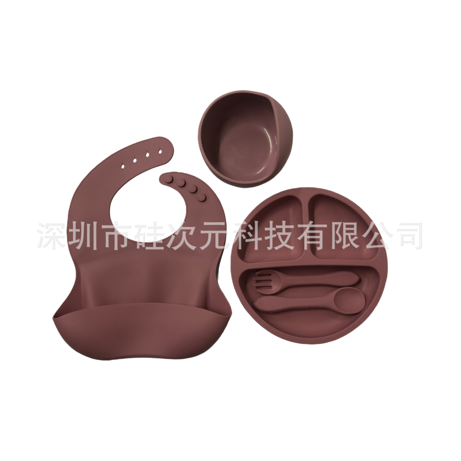 핑크 5종 세트 (턱받이+디너접시+그릇+포크+스푼)