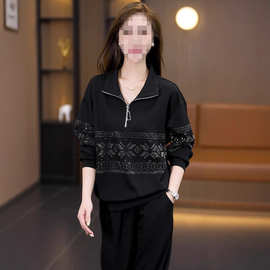 大码女装2025年秋冬季新款烫钻时尚气质套装显瘦减龄休闲两件套女