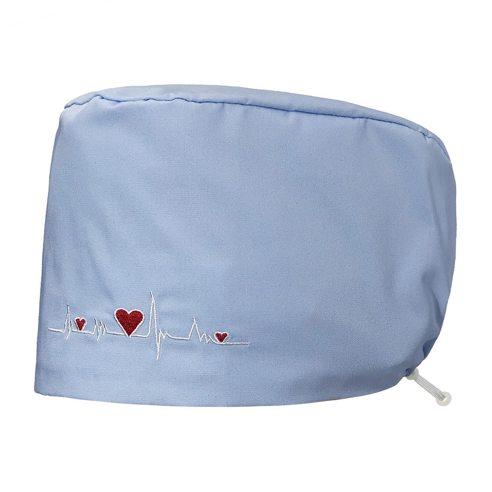 Gorro de enfermera con bordado de ECG de corazón, algodón puro, gorro de trabajo con bordado de color sólido, gorro simple para cabello largo, venta al por mayor.
