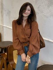 法式别致绝美设计感小众上衣时尚显瘦咖色蕾丝边长袖衬衫女2025秋