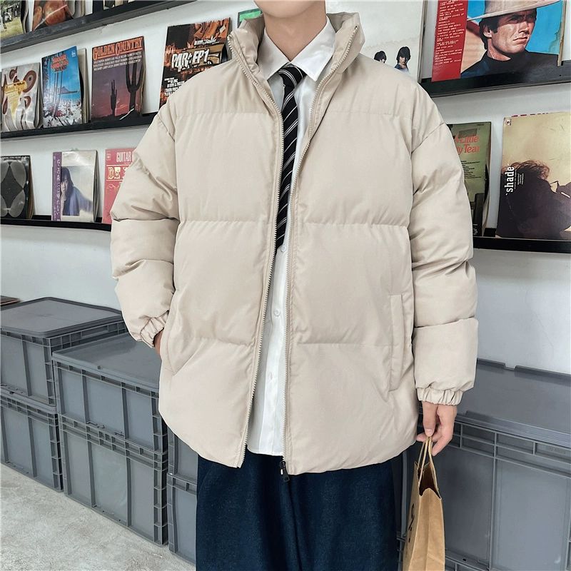 수직 칼라 다운 코튼 패딩 코트 남성용 겨울 두꺼운 빵 세트 느슨한 솔리드 컬러 코튼 패딩 코트 홍콩 스타일 패셔너블 감추형 쇼트 코트