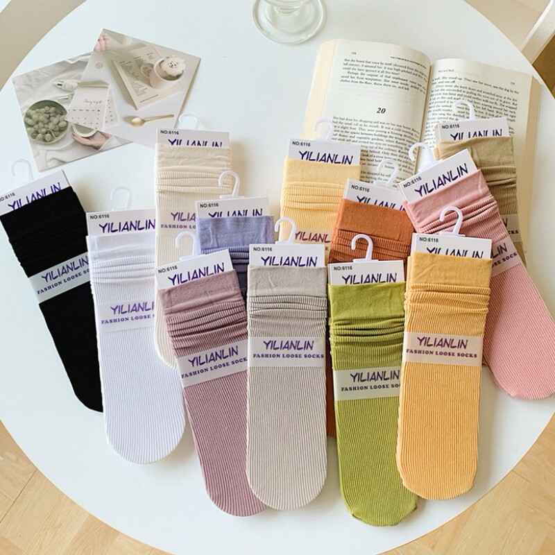Spring new women's socks candy color basic cotton double needle wide mouth non-slip women's socks pile socks vertical stripes mid-calf socks women's socks