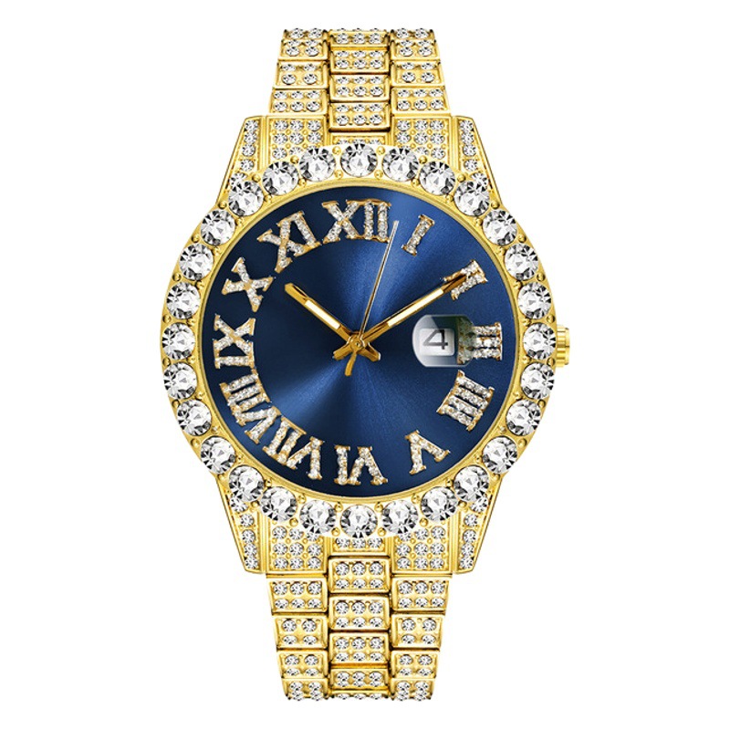 Europa y América nuevo estilo agua fantasma grande rhinestone diamante reloj de los hombres escala romana calendario hip hop reloj de los hombres reloj de oro verde completo reloj de diamantes