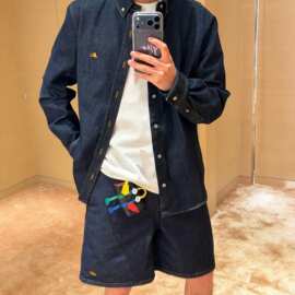正确版原标现货V家26SS棉质斜纹精裁皮标牛仔休闲短裤男女同款