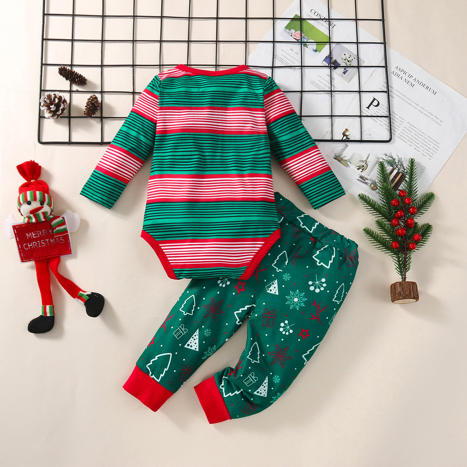 Ins New Children's Clothing Striped Romper Christmas Romper Long-sleeved Two-piece Suit Children's Clothing Foreign Trade Wholesale