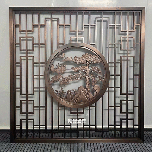 Hotel entrance entrance metal partition background wall carved hollow pattern new Chinese style rose gold stainless steel screen