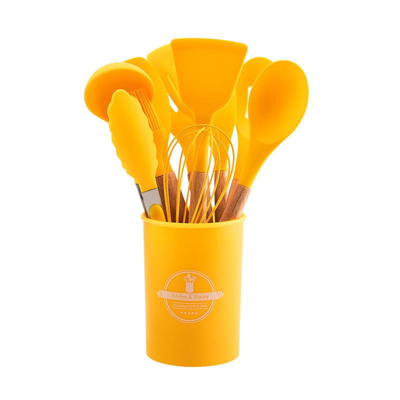 Una olla antiadherente mango de madera cocina de silicona 12 piezas set cocina barril de almacenamiento cocina de silicona 12 piezas set