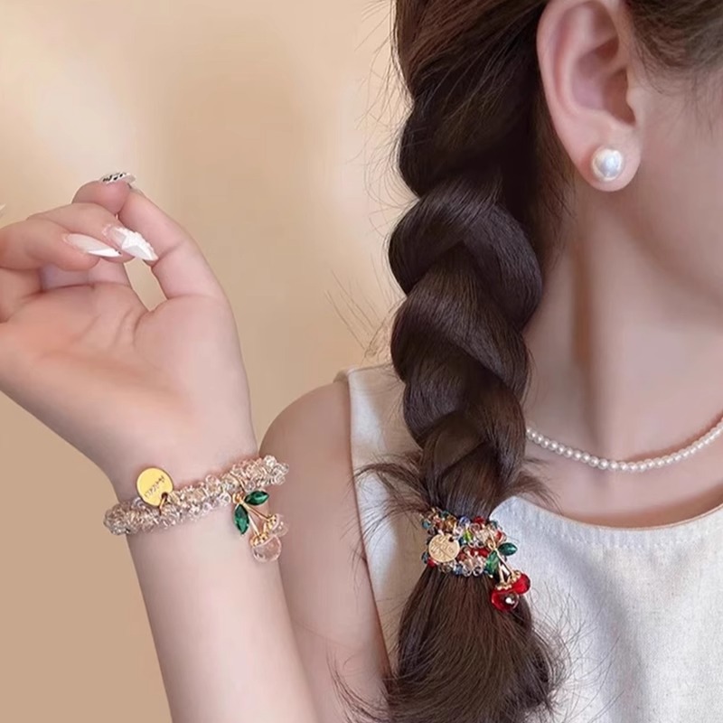 Se puede usar como lazo para el cabello de la pulsera. Cuerda para el cabello de cereza de diamantes de imitación de color de doble uso, cuerda para la cabeza de alta elasticidad y duradera, banda elástica de cola de caballo