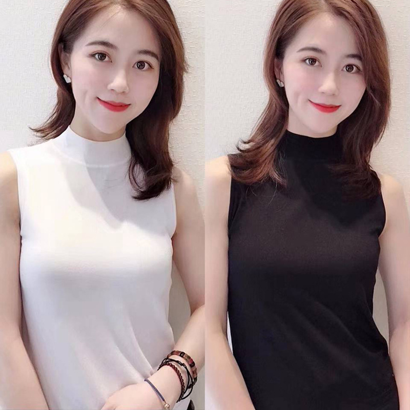 Áo thun nữ cổ trụ nửa cao không tay chất liệu lụa đá dệt kim mặc trong — Xanh bơ