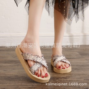 2024 Summer Korean Style Chanel Style Lace Comfortable Cross Belt Malaysia Travel Holiday Wedge Slippers