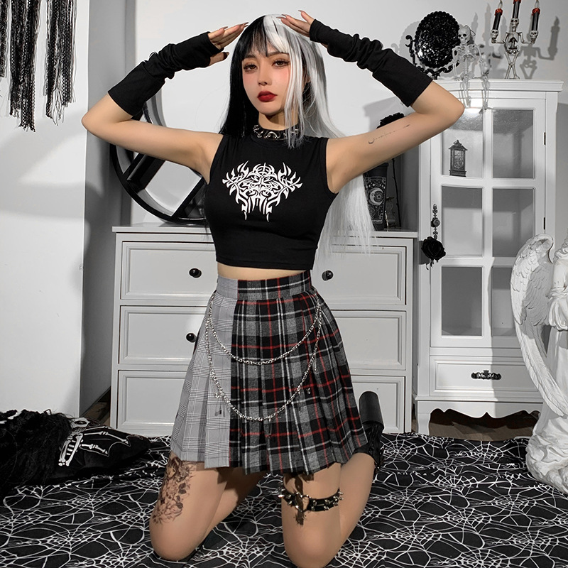 Diablo Style College Wind Stitching Contrast Plaid High Waistchain Skirt NSGYB98911