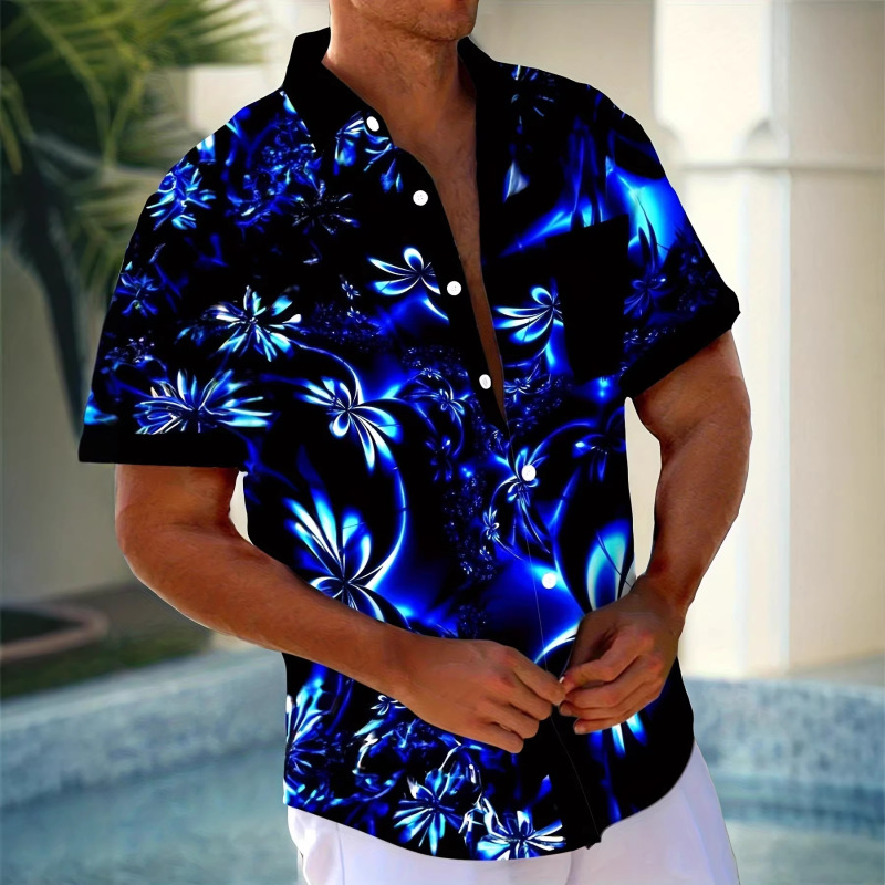 Retro Tropical Plant Print Shirt, Turn-Down Collar Short Sleeves, Street Fashion High Street Style Men's Top