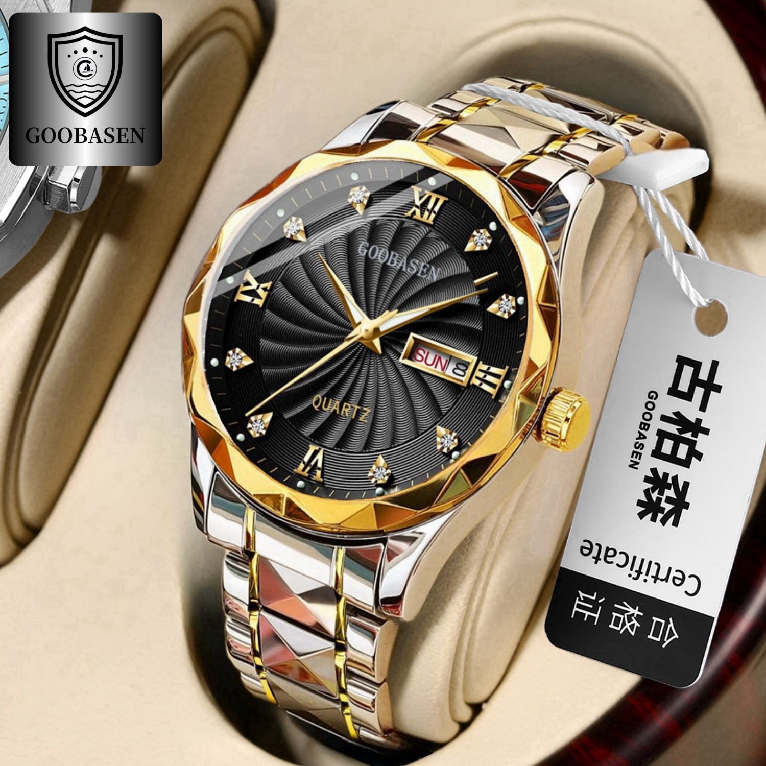 Guberson Rhombus Double Calendar Men's Watch with Diamonds, Business Waterproof, Luminous, Live Broadcast, Popular Foreign Trade Dropshipping