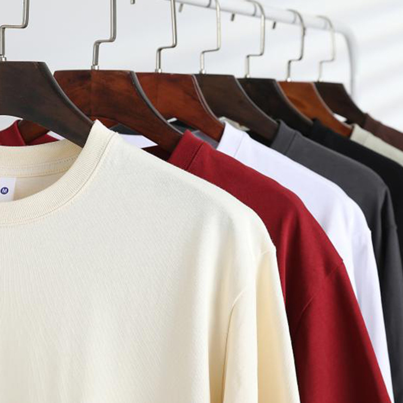 250g32 Count Double Yarn Cotton Loose Off-Shoulder Round Neck Short-Sleeved Men's Pure Cotton T-Shirt Pure Color Versatile Top Simple