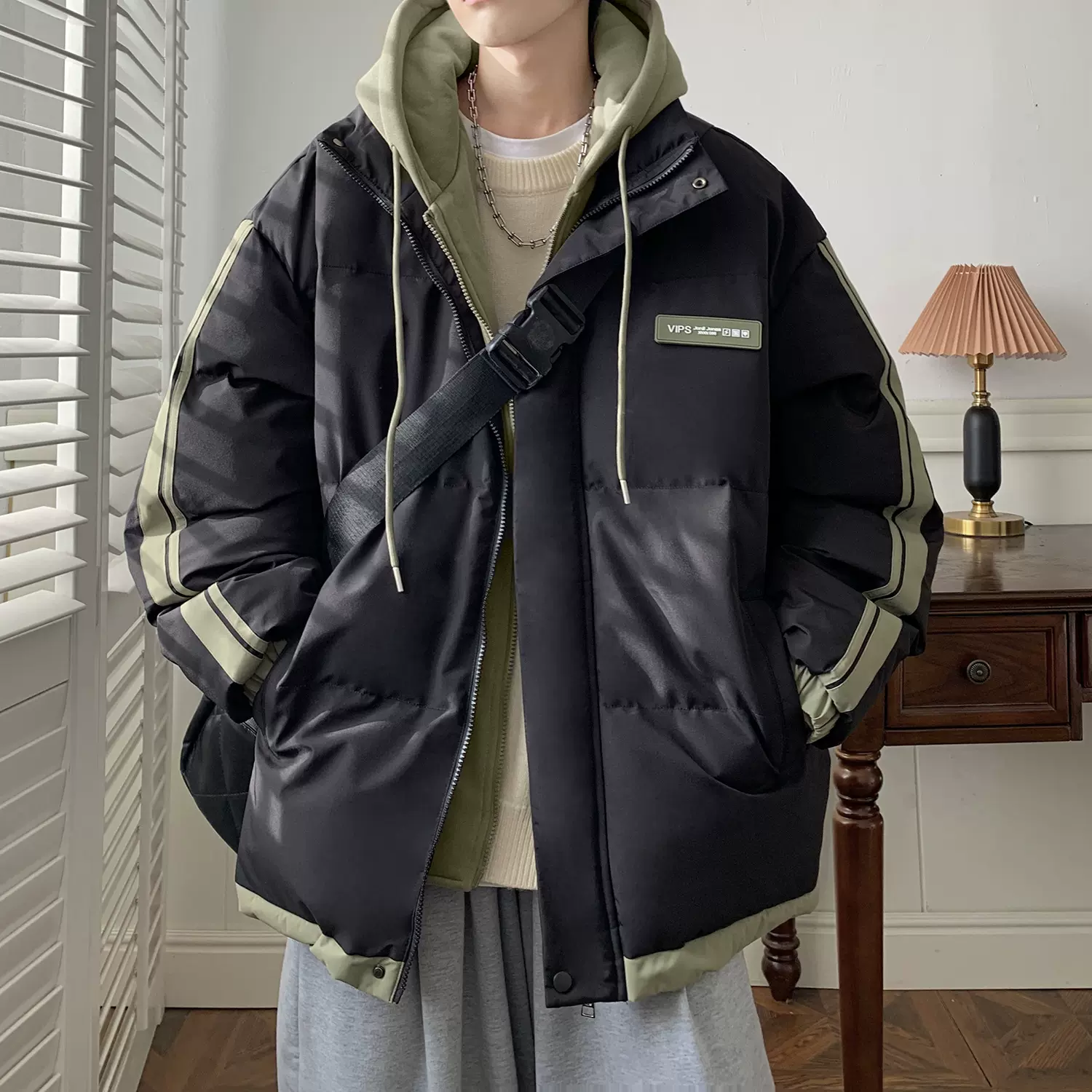 条纹面包服男冬季加厚厚衣外套青少年日系厚服潮牌绒东北大厚袄