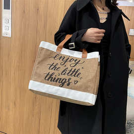 上新麻布包包秋冬新款时尚手提包韩版字母大容量麻布便当包腋下包