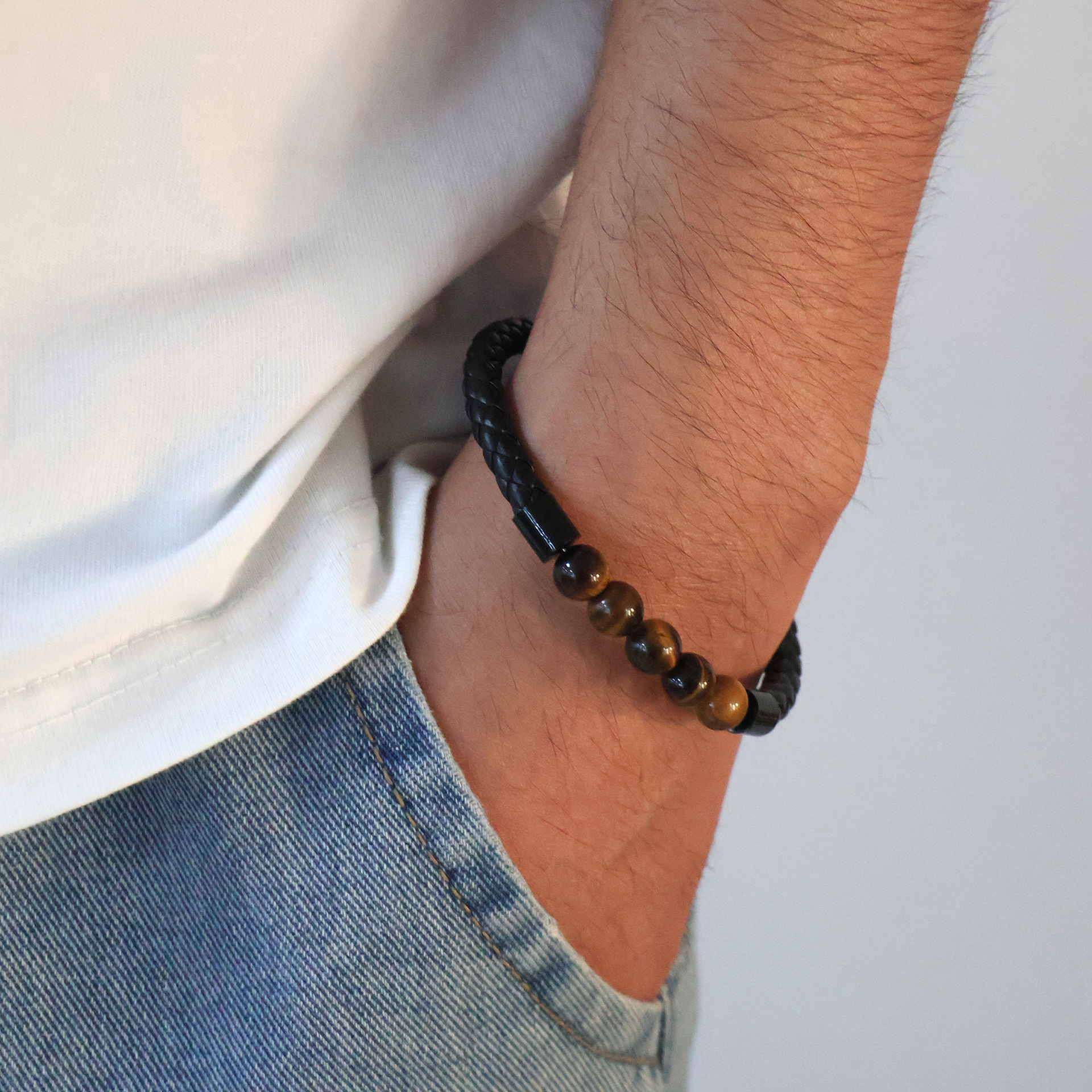 New European and American Men's Woven Natural Stone Bracelet Retro Bracelet Beaded Beads Leather Rope Magnetic Buckle Cross-Border Bracelet