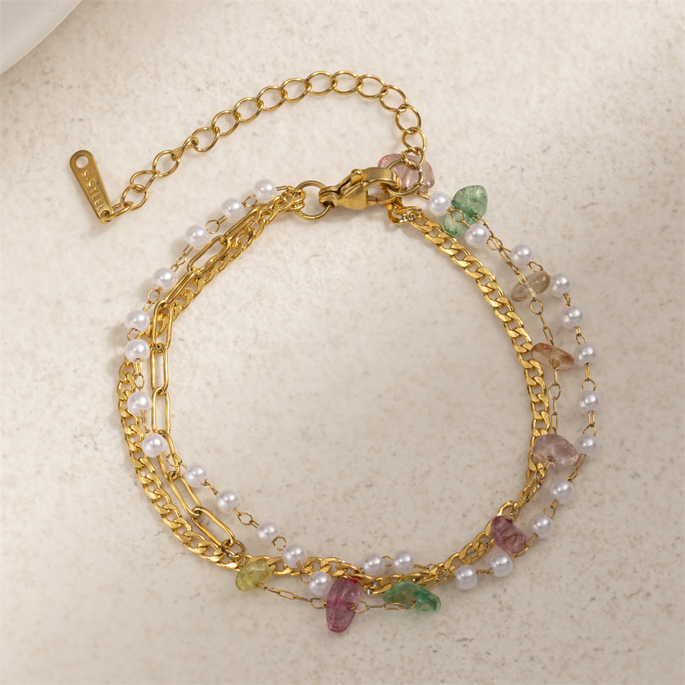 Tena Pulsera de acero inoxidable europea y americana Pulsera de perlas de piedra natural de alta calidad de lujo ligero, joyería de acero de titanio, estilo explosivo transfronterizo