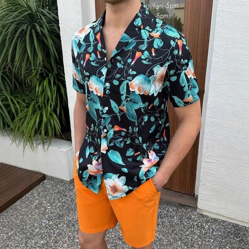 2026 New Cross-Border Amazon European and American Fashion Trendy Cuban Collar Short-Sleeved Shirt and Shorts Set with 3D Printing