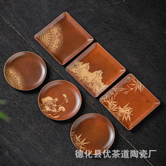 優茶道銅彩燒四方杯墊銅刻繪茶托杯托紫銅正方行茶具茶道隔熱墊子