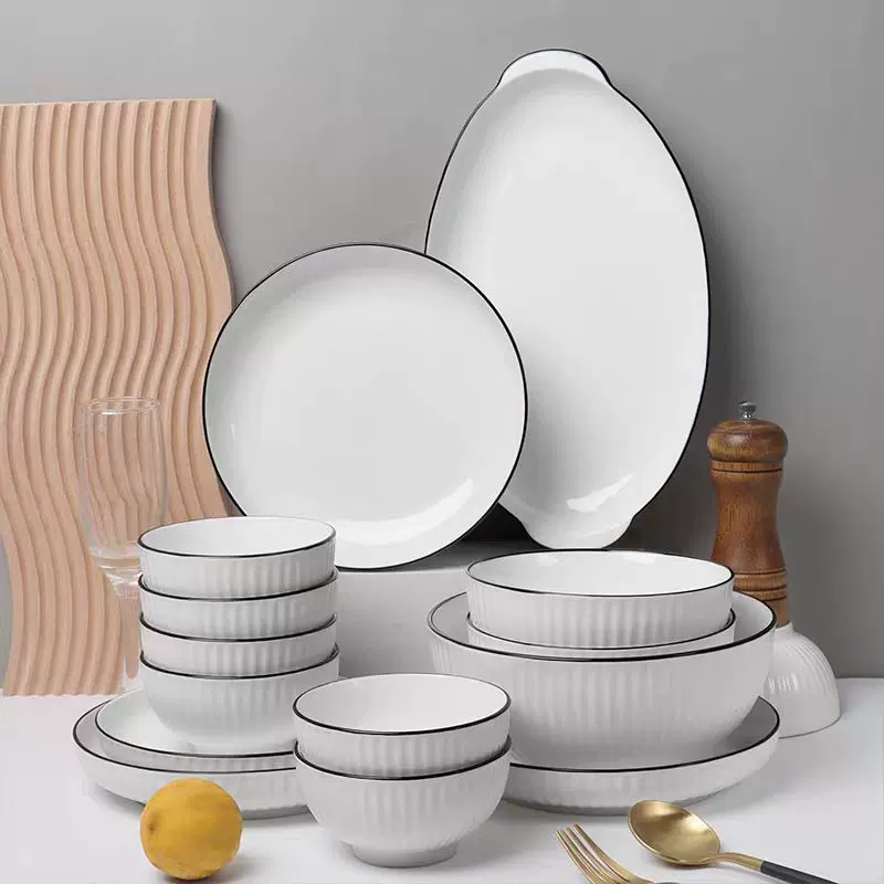 北欧简约竖纹山田碗碟陶瓷餐具釉下彩家用米饭碗汤碗菜盘炒鸡盘