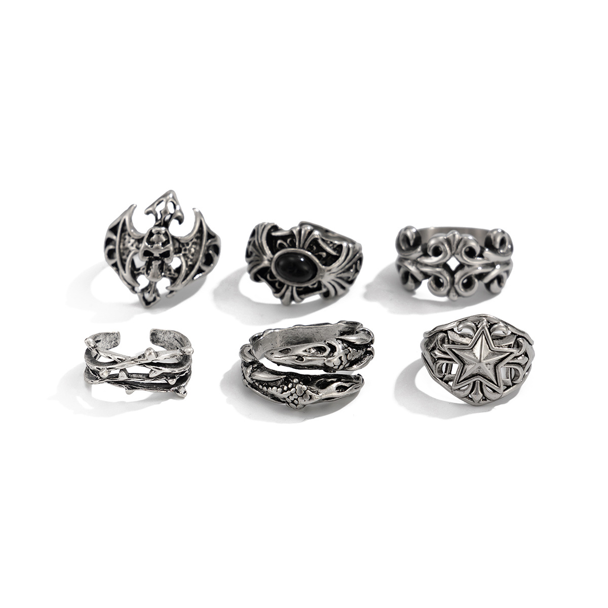 Conjunto de anéis masculinos punk caveira e pentagrama_voghion.com