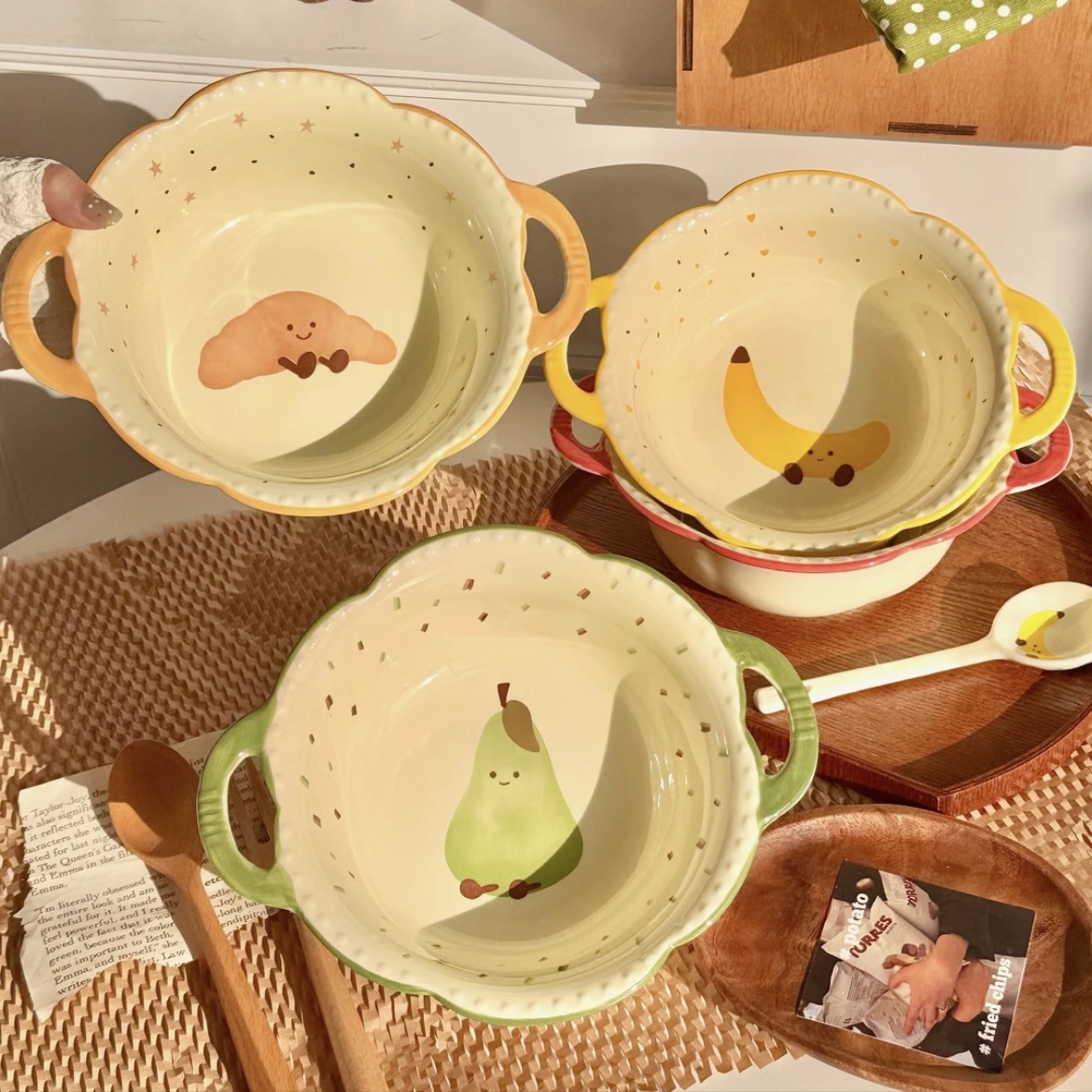 Fruit Croissant Ceramic Double-Ear Soup Bowl Home Underglaze Color New High-Looking Instant Noodle Bowl Cute Large Bowl Soup Bowl