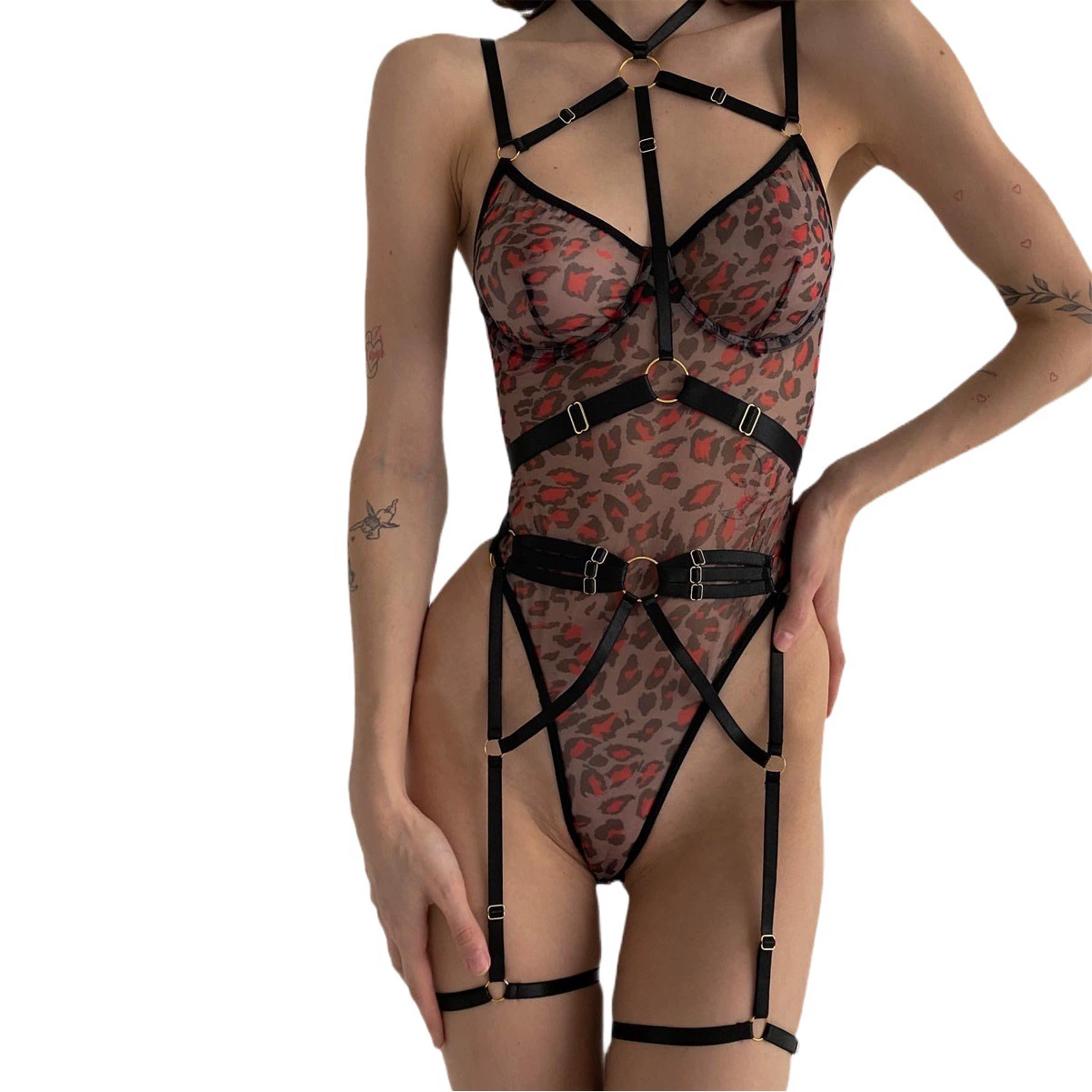 Трансграничный европейский и американский Новый сетчатый ремешок с леопардовым принтом, сексуальное нижнее белье со стальным кольцом, сексуальный комбинезон для формирования фигуры 3342