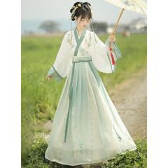 オリジナル本物の漢服女性晋古代スタイル漢服中国風刺繍クロスネック腰丈スカート毎日春、夏、秋