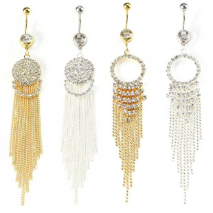 Stainless steel long rhinestone tassel navel nail perforated jewelry wholesale